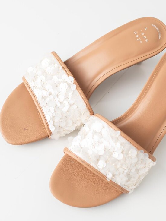 a new day Shoes - A New Day Kaia Heeled Sandals Size 9 Tan Sequin Strap Memory Foam Slip On Mules